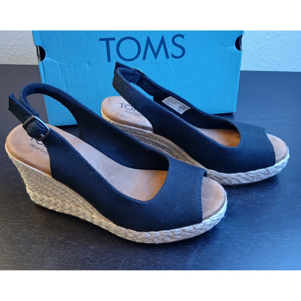 Toms Camilla Black Basketweave Espadrille Wedge Sandals Womens 7.5 NEW